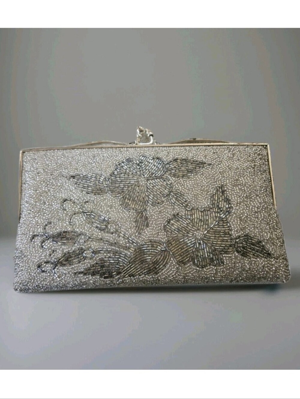 Vintage 50s Silver Hand-Beaded Floral Clutch Ornate Floral Embossed Metal Frame